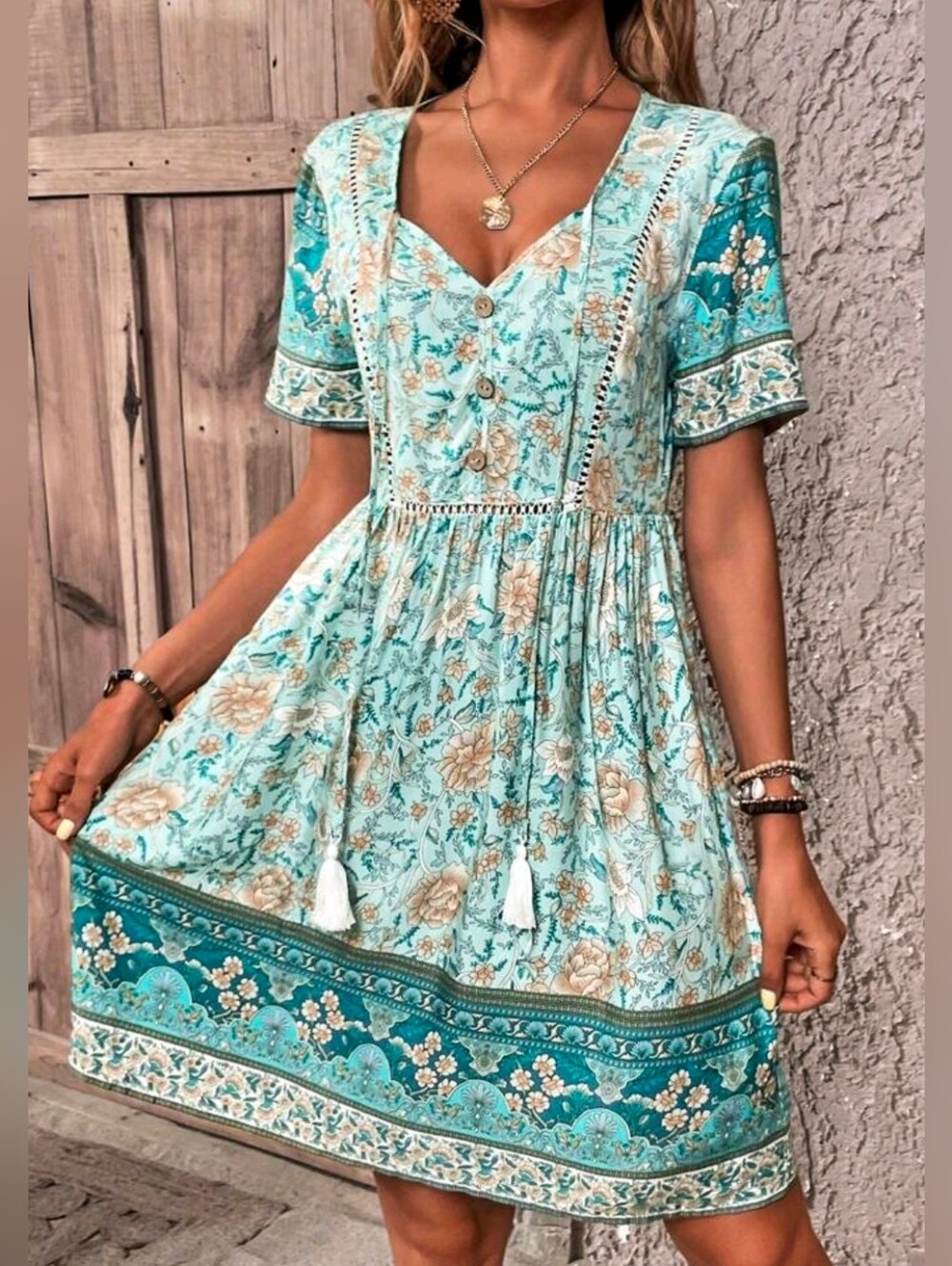 NEW Boho Tie Neck Tassel Floral Short Dress Teal Green Blue White Tan